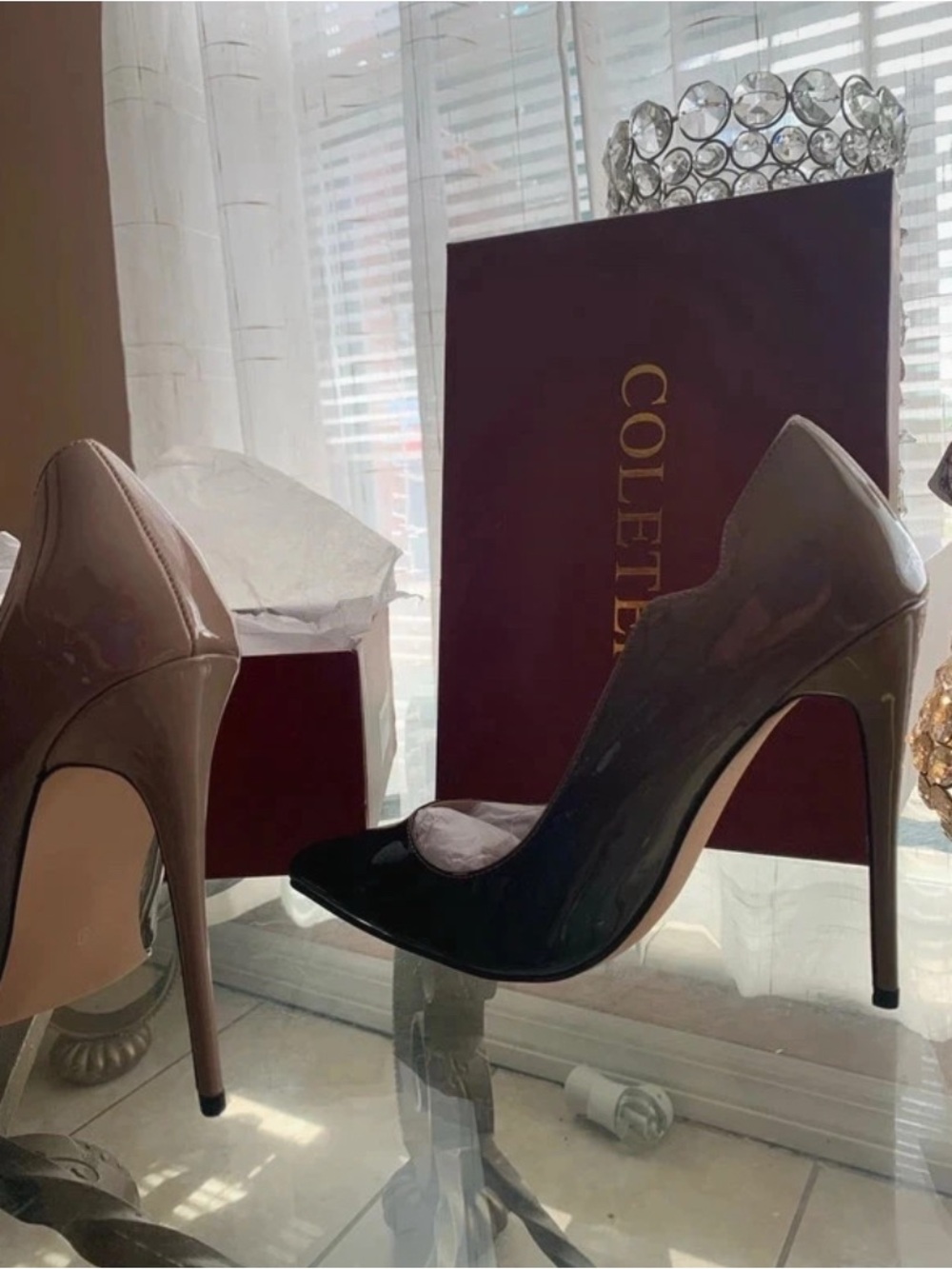 Colette Patent Leather Pointed-Toe Stiletto Heels in Black and Taupe